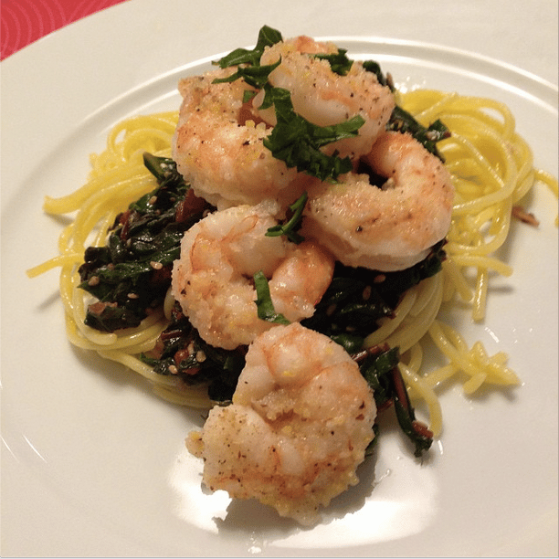 Garlic shrimp and rainbow chard over quinoa pasta
